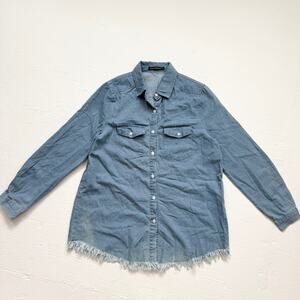 Zilcremo Denim Button Up Shirt Frayed Hem, Size Small